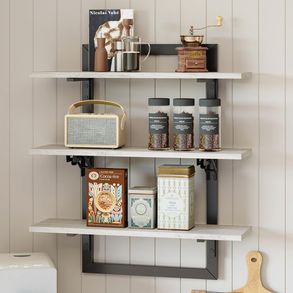 Floating Shelves For Wall 24 Inch Kitchen Shelves Wall Mounted 3 Tier Coffee Bar Shelf With Foldable Brackets Industrial Display Shelf For